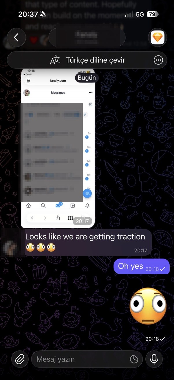 Censored Telegram showing a Fansly inbox filling with new messages